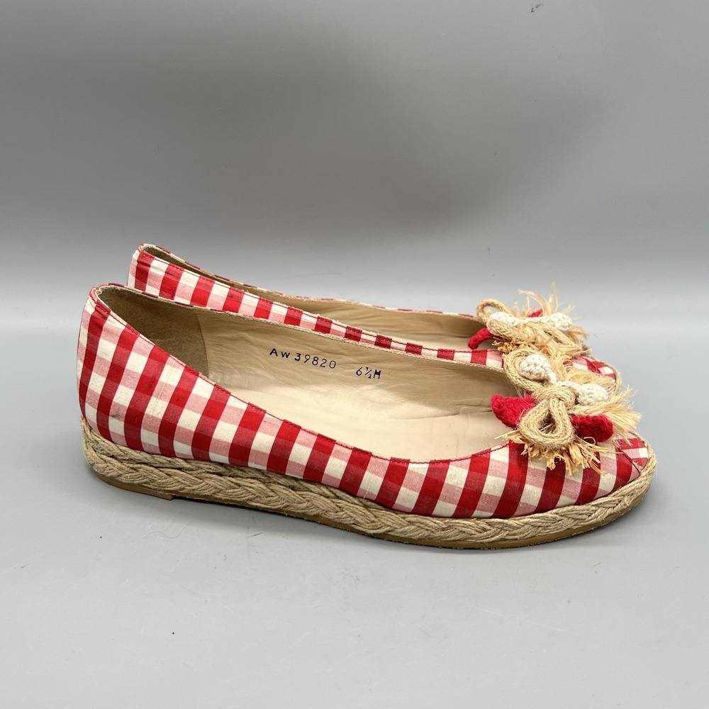 Stuart Weitzman Shoes Womens 6.5 Red Gingham Cotton Espadrille Flats Bow Vtg